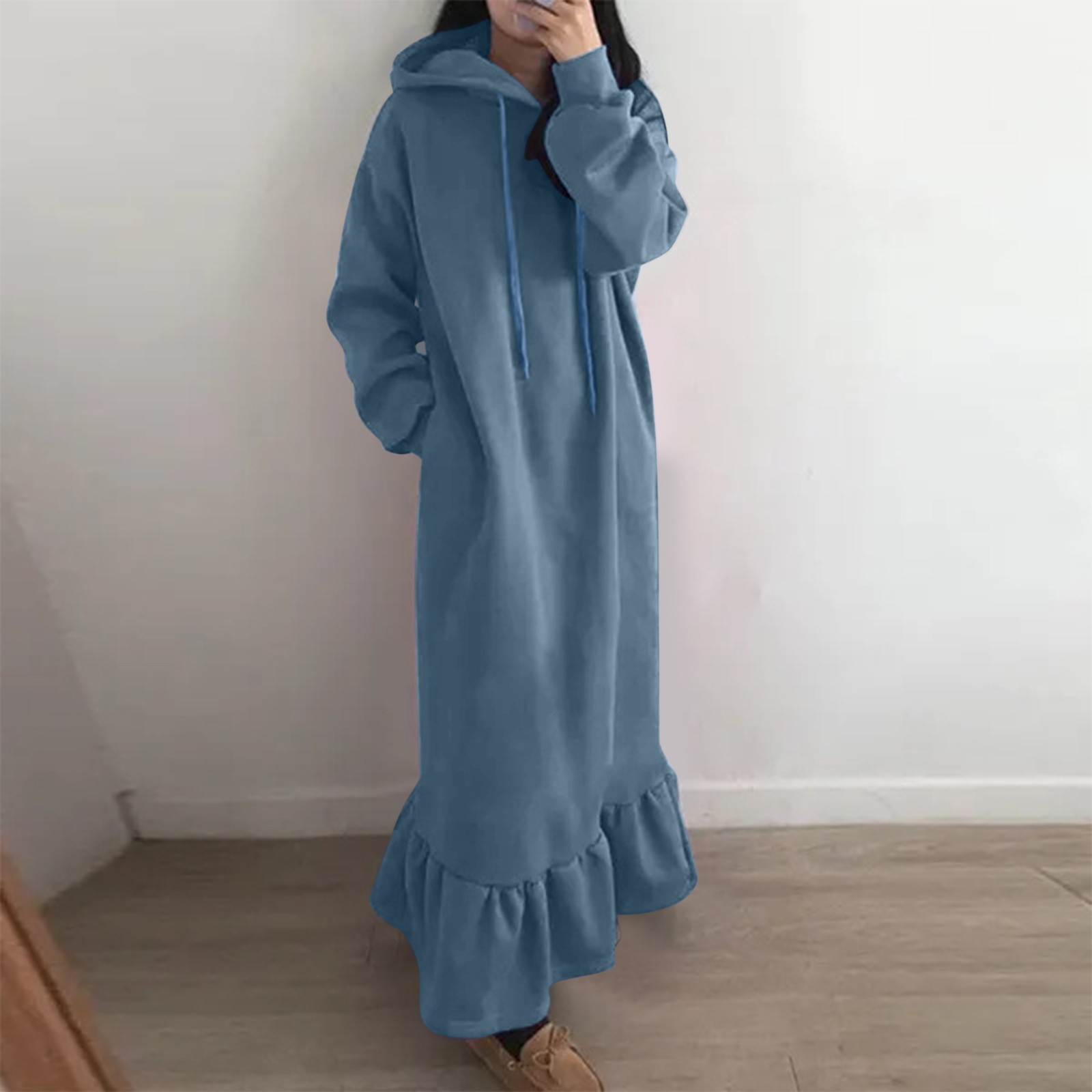 thumbnail image 2 of Vestido holgado de manga larga con capucha y estampado liso para mujer talla grande - Vestido informal tipo sudadera con bolsillos, primavera/otoño/invierno, 2 of 5